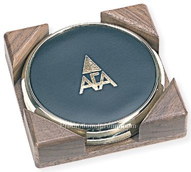 Set Of 2 Brass Coasters In An Oak Wood Finish Stand