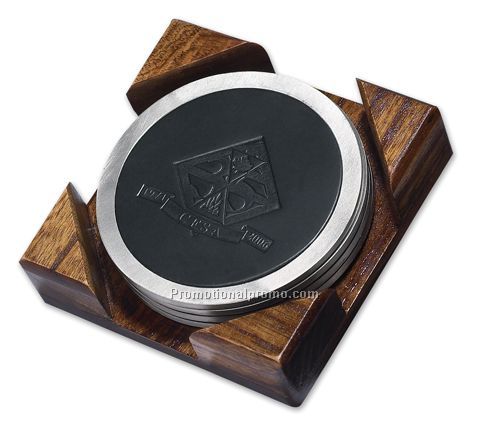 Set Of Four Pewter Coasters In A Wooden Stand