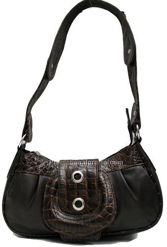Turin Italia Designer Bag / Stone Wash Cowhide & Croco Trim / Dark Brown