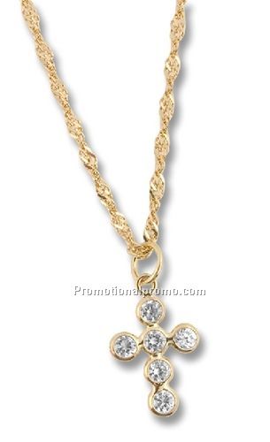 10k gold cross pendant with bezel set crystals on an 18" singapore style 10k gold chain