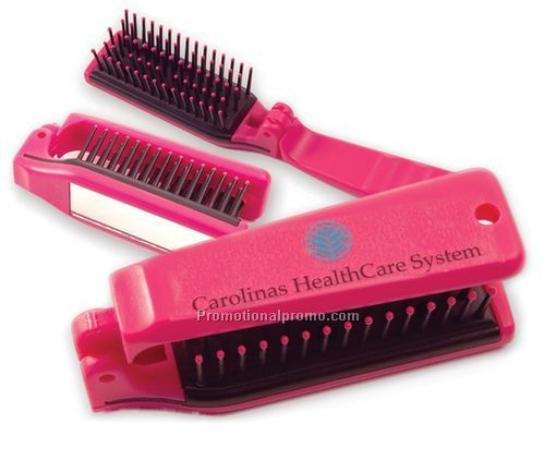 Pink Folding Travel Brush with Mirror