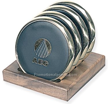 Set Of 4 Brass Coasters In An Oak Wood Finish Stand