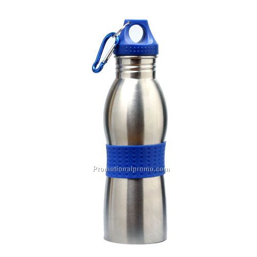 Stainless Steel Water Bottle w/Carabiner Blue Lid and Band 20oz