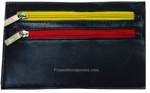 Zippered wallet with 4 separate coloured zippered - coded pockets for Passport & currency / Lambskin Napa / Black