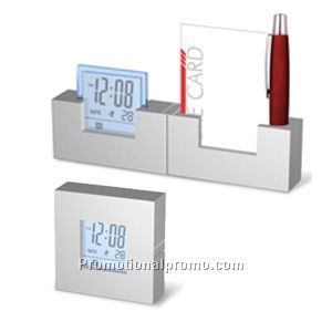 LCD clock with business card holder