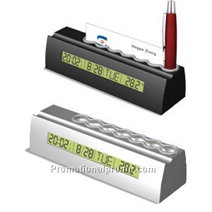 LCD clock with business card holder