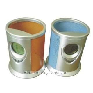 Pen holder with clock