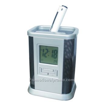 Pen holder with clock