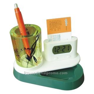 Pen holder with clock