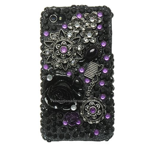 Apple iPhone 4 3D Full Diamond Case - Black Flower Design