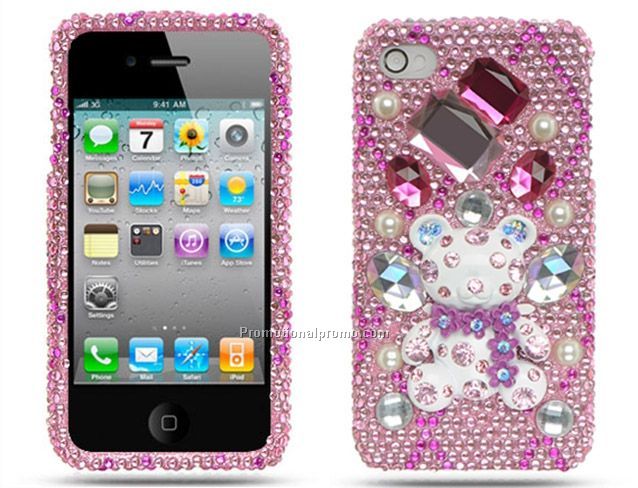 Apple iPhone 4 3D Full Diamond Case - Hot Pink with Bear Design