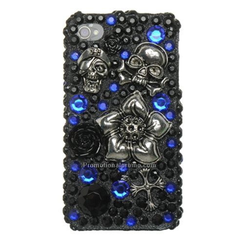 Apple iPhone 4 3D Full Diamond Case - Black with Blue Dot and Skull Design