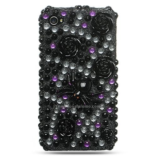 Apple iPhone 4 3D Full Diamond Case - Black with Flower and Spider Design