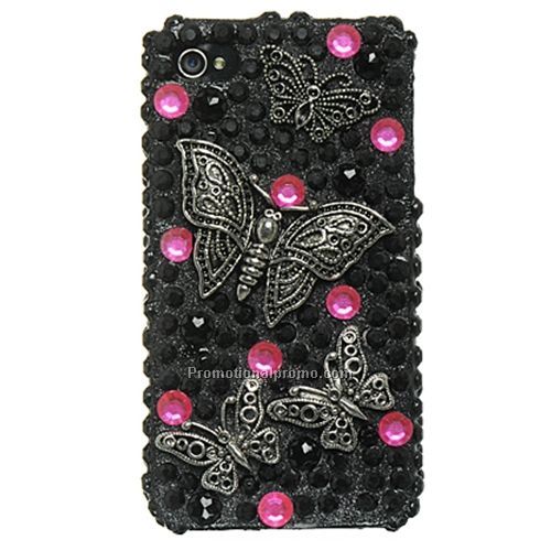 Apple iPhone 4 3D Full Diamond Case - Black with Butterfly Design